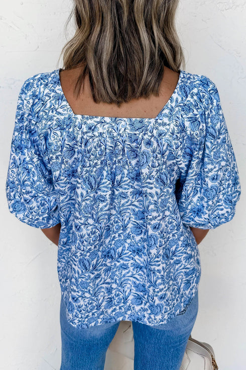 Square Neck Short Puff Sleeve Pleated Floral Blouse