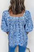 Square Neck Short Puff Sleeve Pleated Floral Blouse