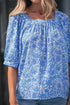 Square Neck Short Puff Sleeve Pleated Floral Blouse