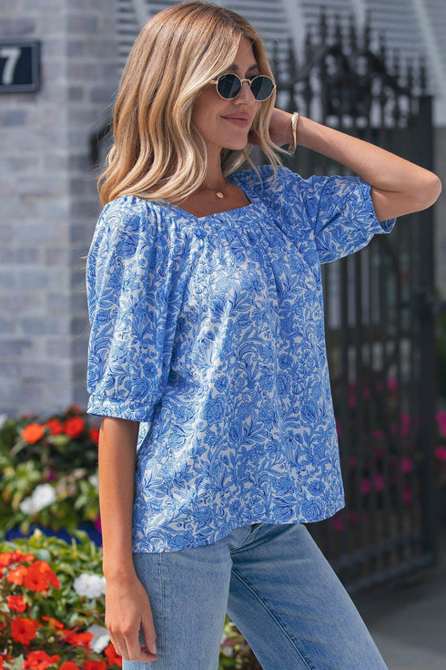 Square Neck Short Puff Sleeve Pleated Floral Blouse