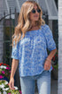 Square Neck Short Puff Sleeve Pleated Floral Blouse