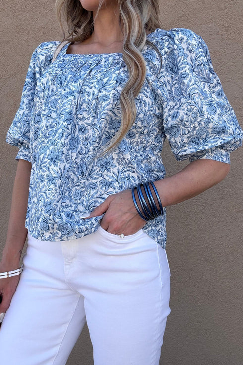 Square Neck Short Puff Sleeve Pleated Floral Blouse