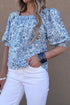 Square Neck Short Puff Sleeve Pleated Floral Blouse
