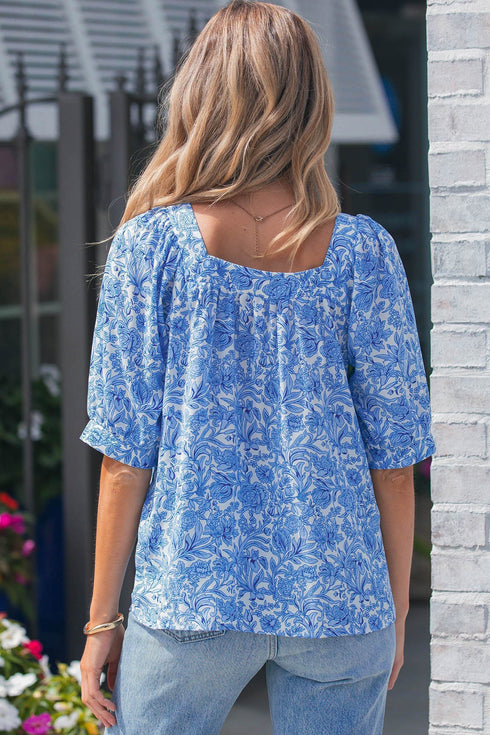 Square Neck Short Puff Sleeve Pleated Floral Blouse