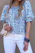 Square Neck Short Puff Sleeve Pleated Floral Blouse