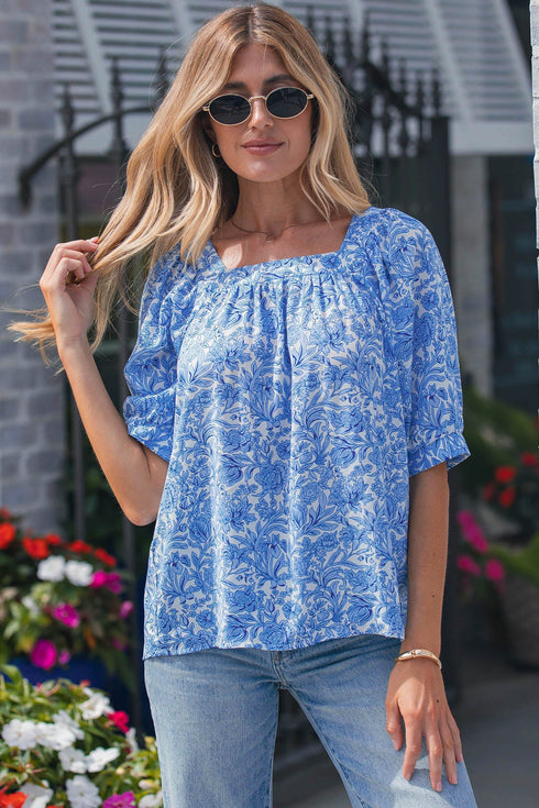 Square Neck Short Puff Sleeve Pleated Floral Blouse