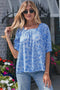 Square Neck Short Puff Sleeve Pleated Floral Blouse