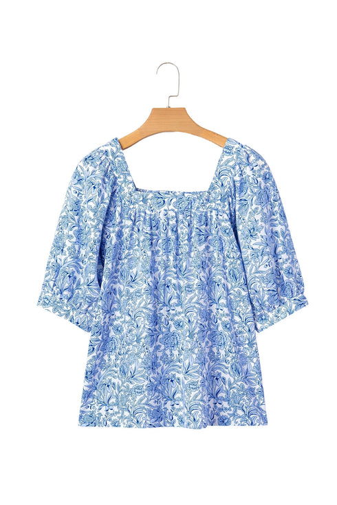 Square Neck Short Puff Sleeve Pleated Floral Blouse