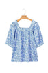 Square Neck Short Puff Sleeve Pleated Floral Blouse
