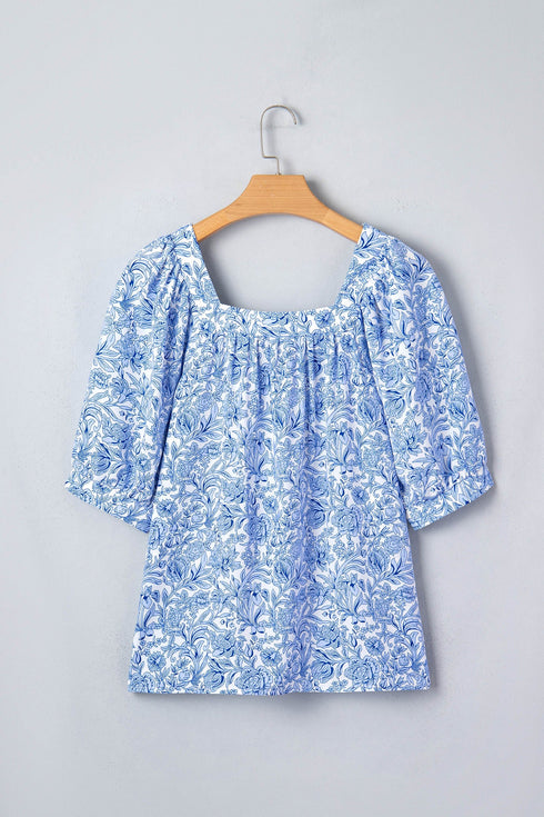 Square Neck Short Puff Sleeve Pleated Floral Blouse