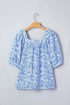 Square Neck Short Puff Sleeve Pleated Floral Blouse