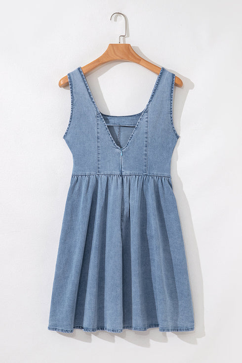 Square Neck Sleeveless Bowknot Western Denim Mini Dress