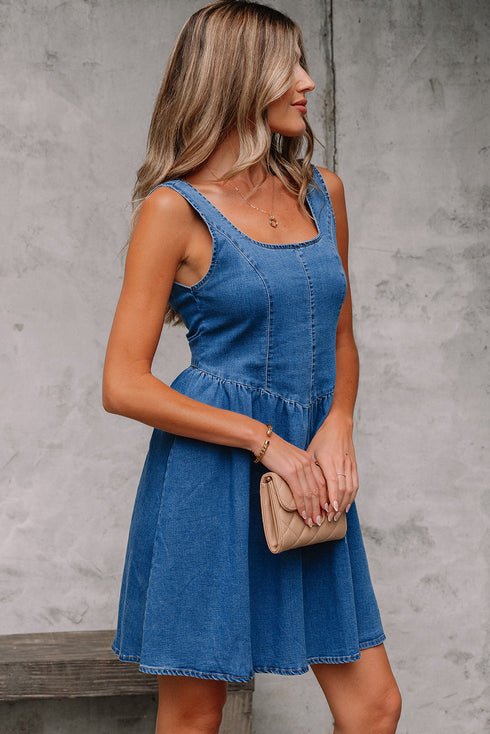 Square Neck Sleeveless Bowknot Western Denim Mini Dress