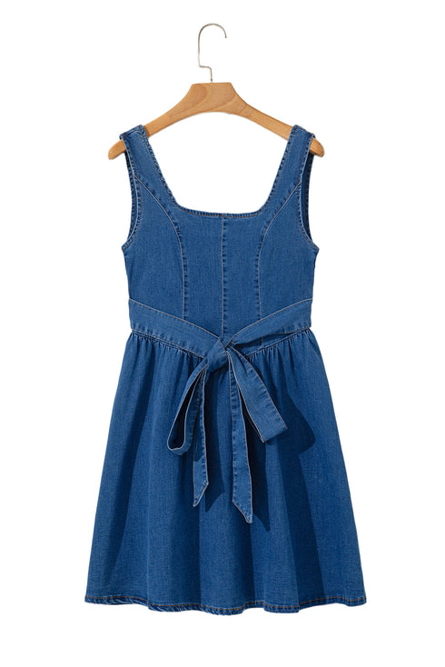 Square Neck Sleeveless Bowknot Western Denim Mini Dress