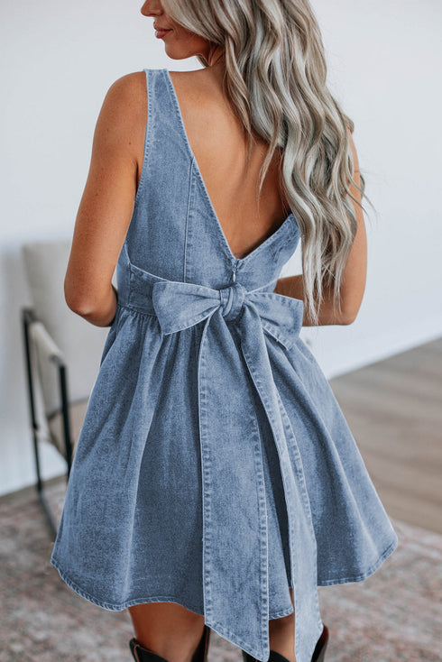 Square Neck Sleeveless Bowknot Western Denim Mini Dress