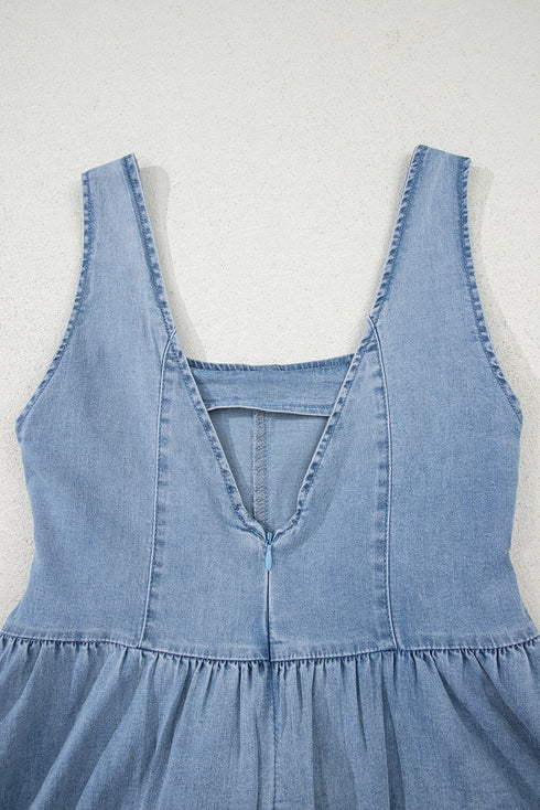 Square Neck Sleeveless Bowknot Western Denim Mini Dress
