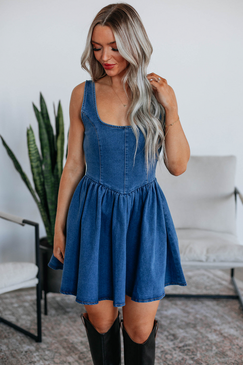 Square Neck Sleeveless Bowknot Western Denim Mini Dress