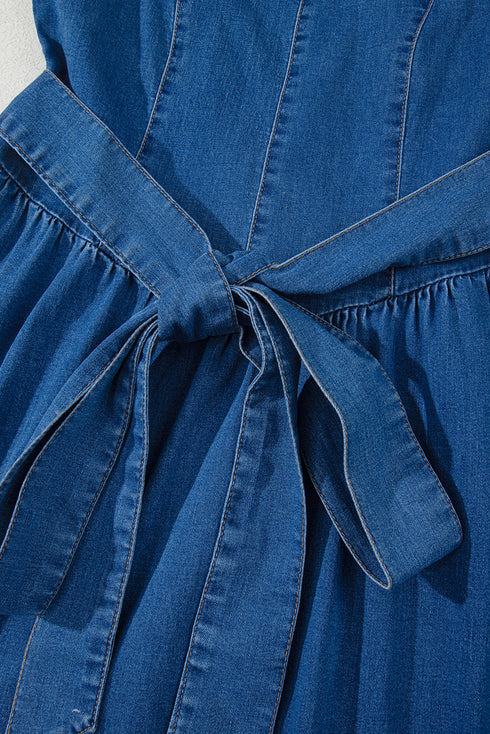 Square Neck Sleeveless Bowknot Western Denim Mini Dress