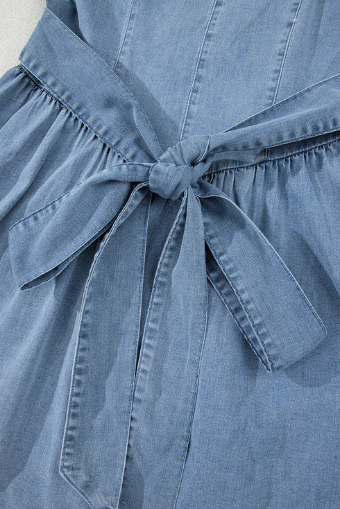 Square Neck Sleeveless Bowknot Western Denim Mini Dress