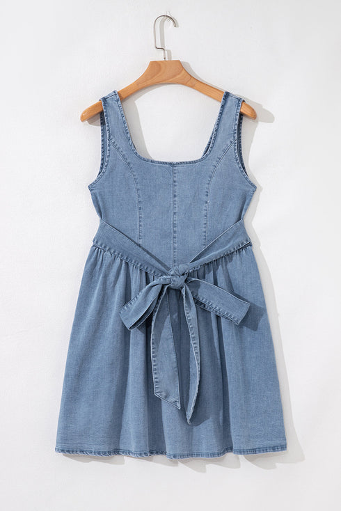 Square Neck Sleeveless Bowknot Western Denim Mini Dress
