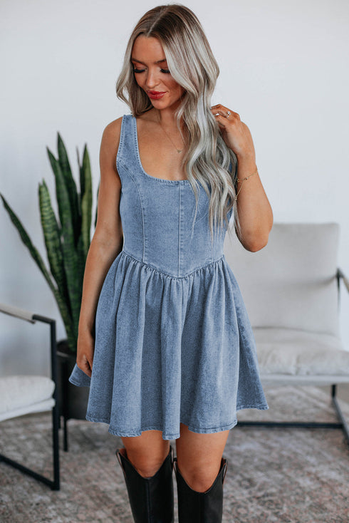 Square Neck Sleeveless Bowknot Western Denim Mini Dress