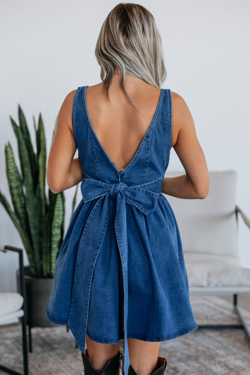 Square Neck Sleeveless Bowknot Western Denim Mini Dress