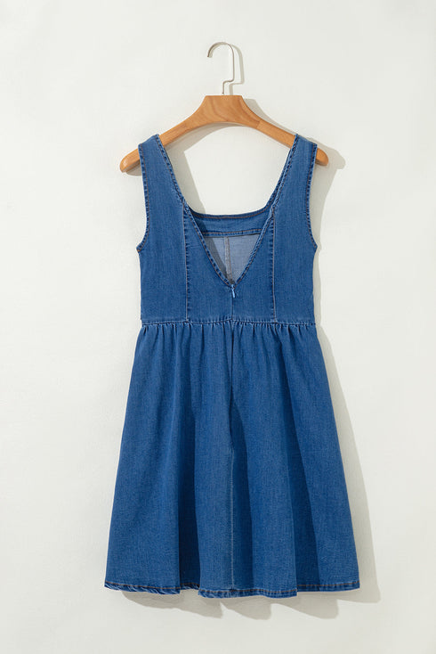 Square Neck Sleeveless Bowknot Western Denim Mini Dress