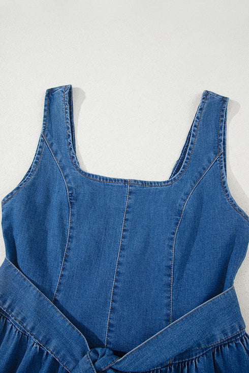Square Neck Sleeveless Bowknot Western Denim Mini Dress