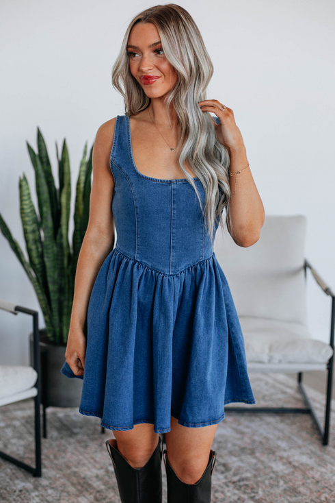 Square Neck Sleeveless Bowknot Western Denim Mini Dress