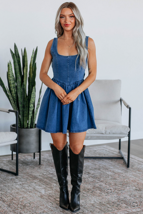 Square Neck Sleeveless Bowknot Western Denim Mini Dress