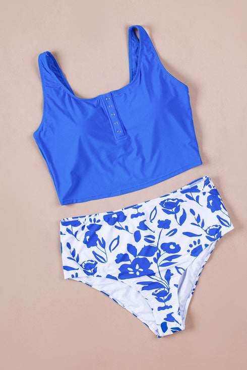 Square Neck Sleeveless Print Tankini Set