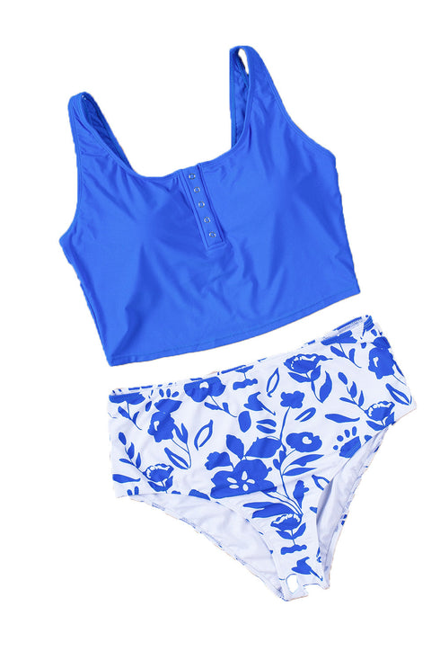 Square Neck Sleeveless Print Tankini Set
