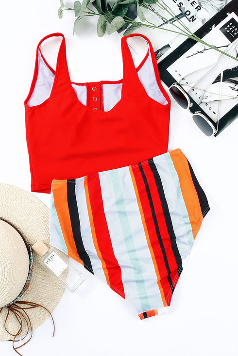 Square Neck Sleeveless Print Tankini Set