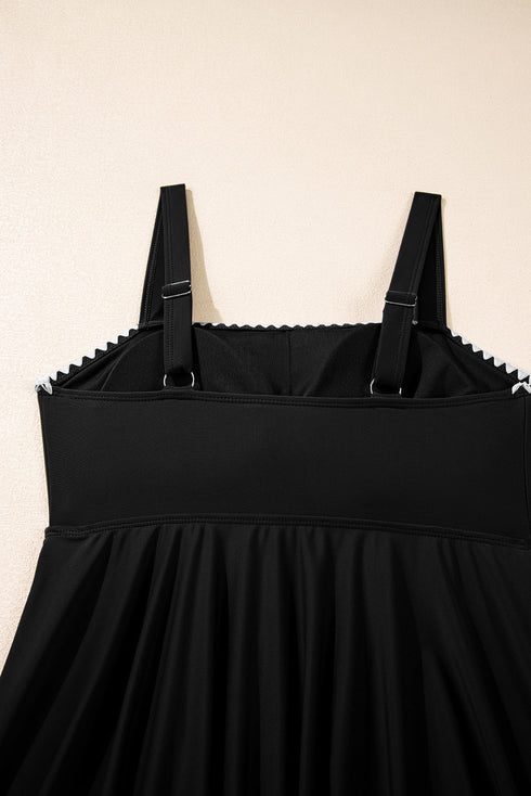 Square Neck Textured Trim Empire Waist Tankini Top