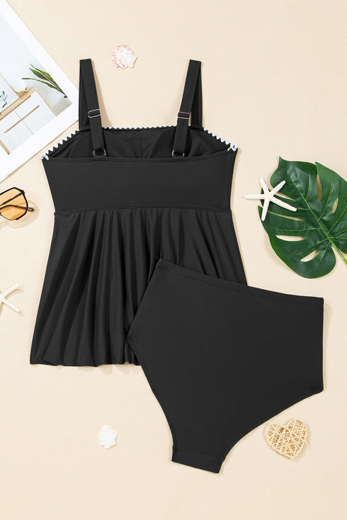 Square Neck Textured Trim Empire Waist Tankini Top
