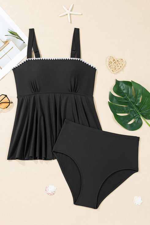 Square Neck Textured Trim Empire Waist Tankini Top