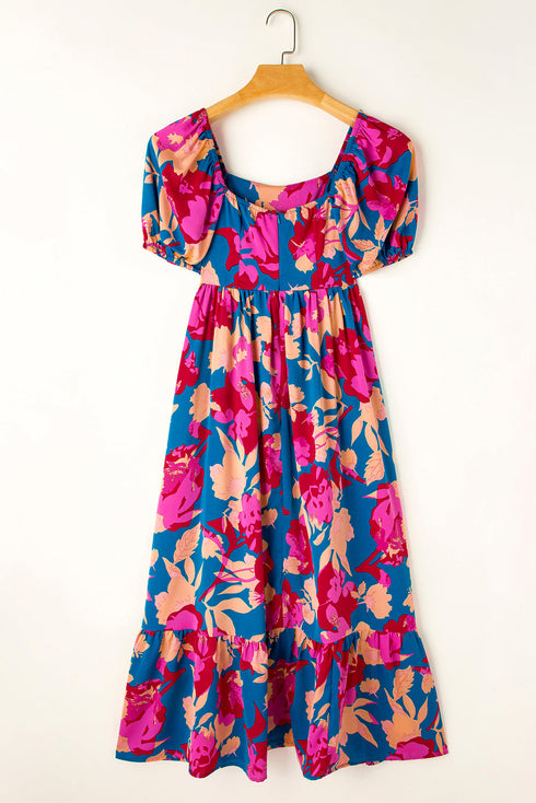 Square Neck Tiered Ruffle Short Sleeve Maxi Dress