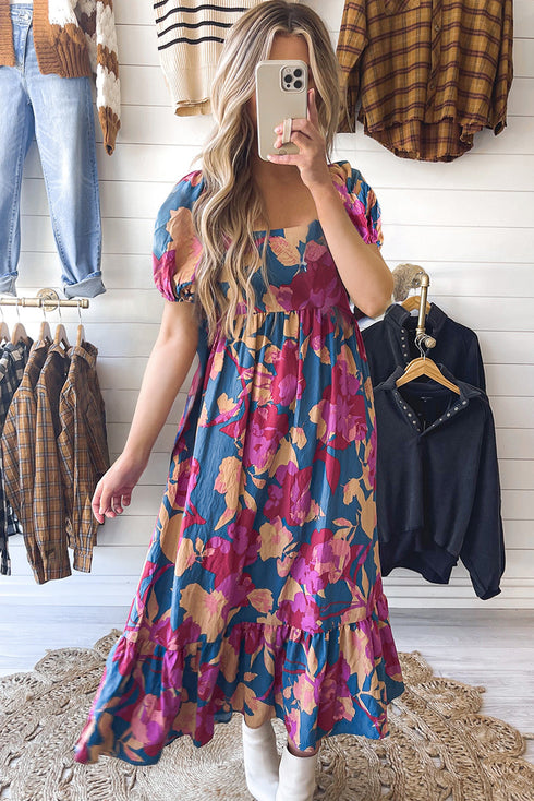 Square Neck Tiered Ruffle Short Sleeve Maxi Dress