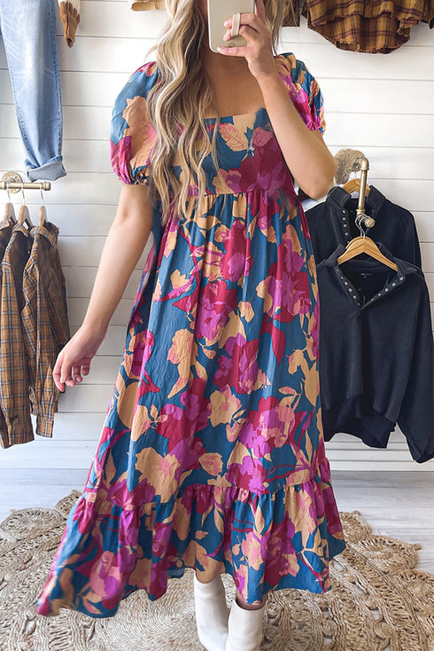 Square Neck Tiered Ruffle Short Sleeve Maxi Dress