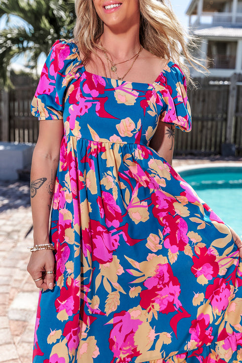Square Neck Tiered Ruffle Short Sleeve Maxi Dress
