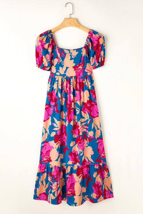 Square Neck Tiered Ruffle Short Sleeve Maxi Dress