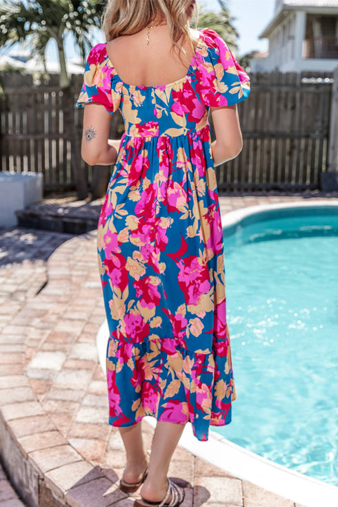 Square Neck Tiered Ruffle Short Sleeve Maxi Dress