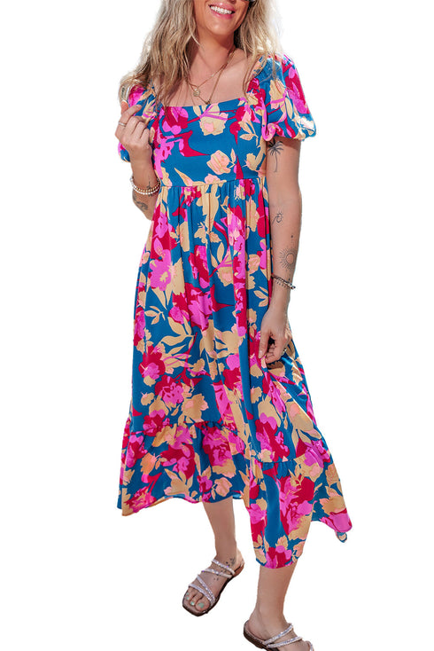 Square Neck Tiered Ruffle Short Sleeve Maxi Dress