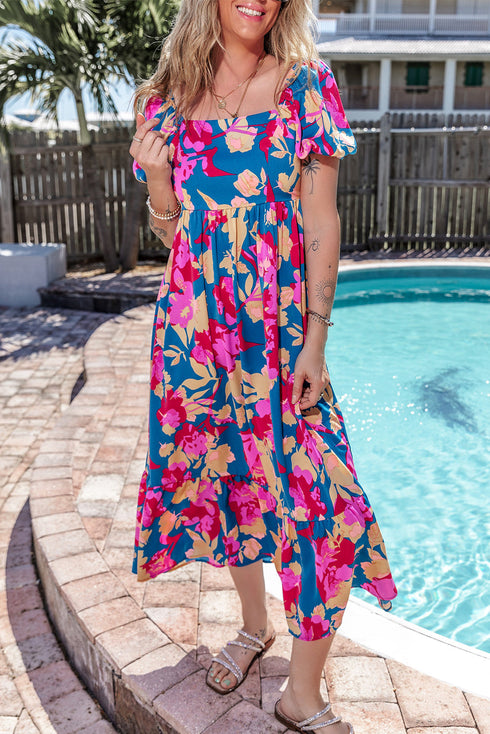 Square Neck Tiered Ruffle Short Sleeve Maxi Dress