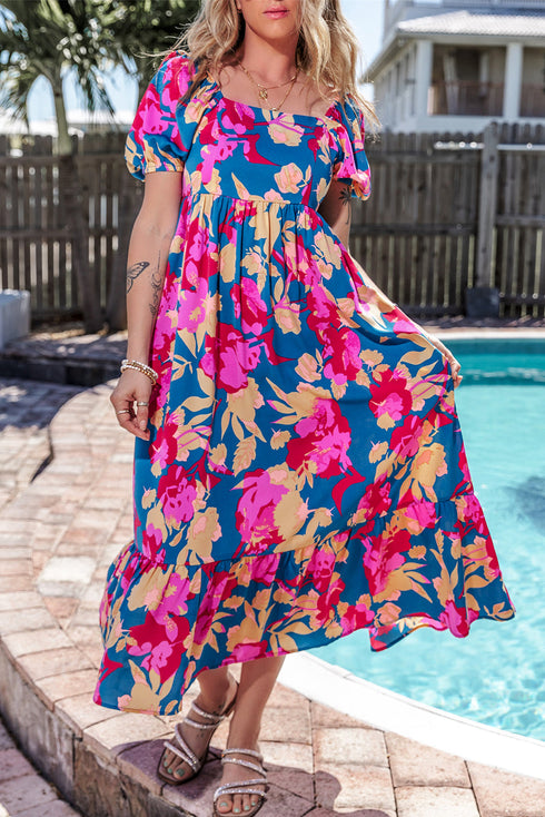 Square Neck Tiered Ruffle Short Sleeve Maxi Dress