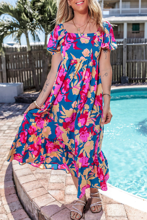 Square Neck Tiered Ruffle Short Sleeve Maxi Dress