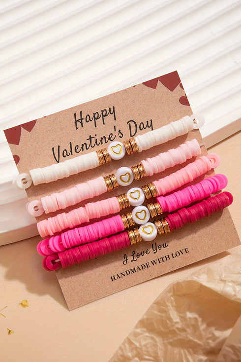 Stackable Polymer Clay Heart Beaded Stretch Bracelet Set