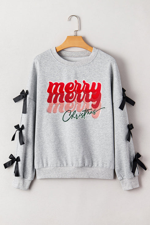 Stacked Merry Christmas Script Ribbon Split Sleeve Graphic Sweatshirt