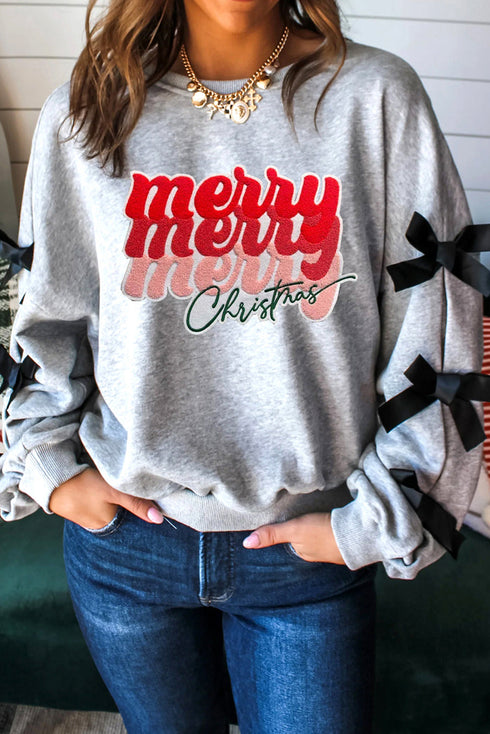 Stacked Merry Christmas Script Ribbon Split Sleeve Graphic Sweatshirt