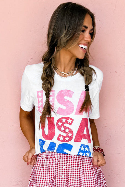 Stacked USA Starry Letter Graphic Distressed Short Sleeve Tee